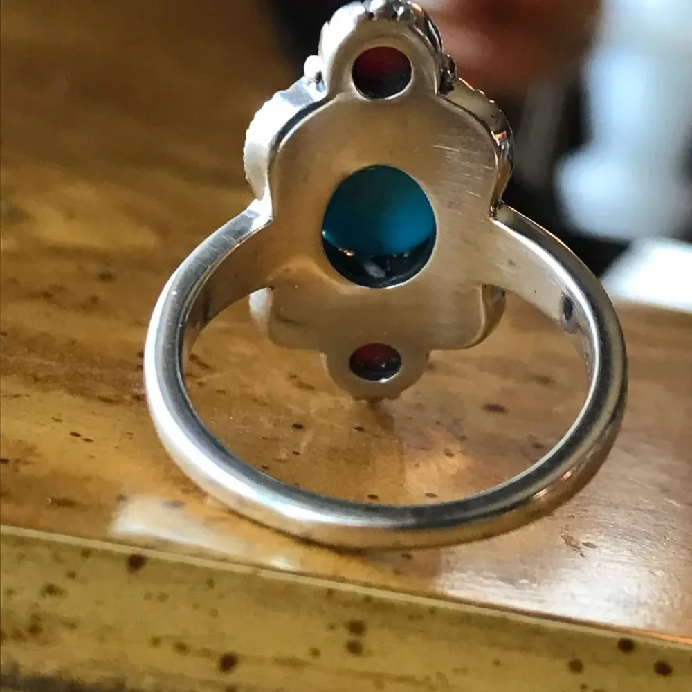 Sleeping Beauty Turquoise Coral Sterling Silver Feather Ring Size 8